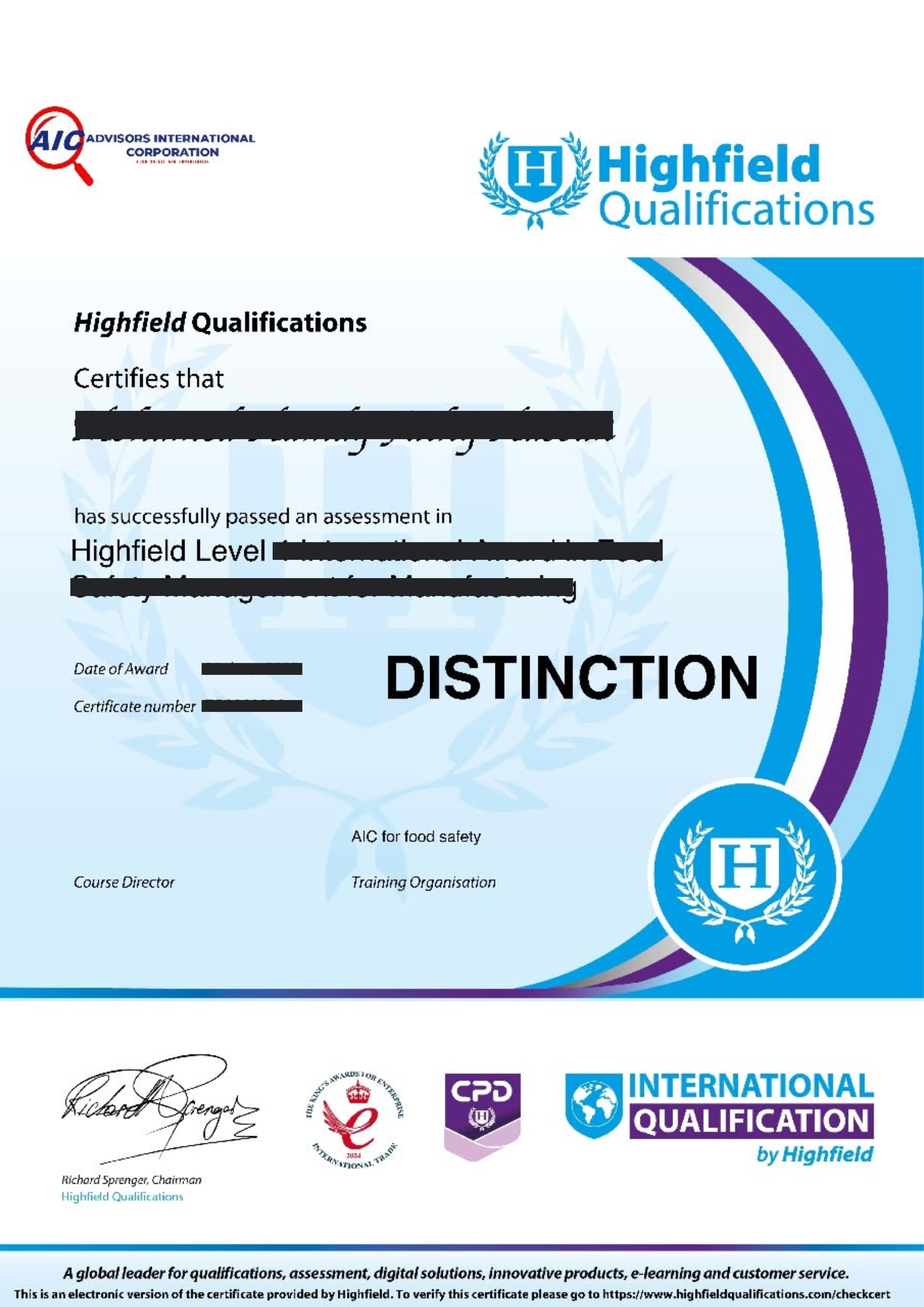 Sample Highfield certificate awarded on completion of this qualification